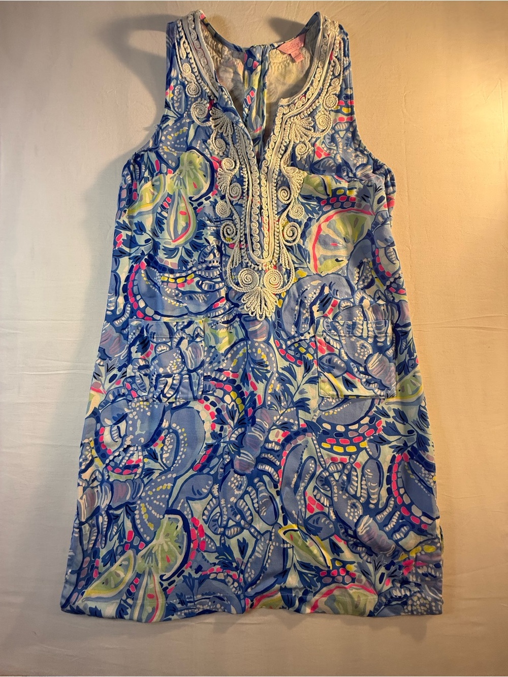 Lilly Pulitzer Blue and White Printed Tunic with Embroidered Trim